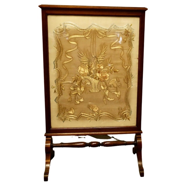 Victorian Hand Embroidered Silk and Mahogany Fire Screen, 1880s For Sale