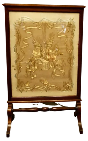 Victorian Hand Embroidered Silk and Mahogany Fire Screen, 1880s