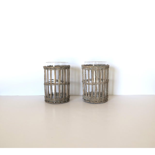 American Late 20th Century Wicker and Glass Hurricane Candle Lamps, Pair For Sale - Image 3 of 7