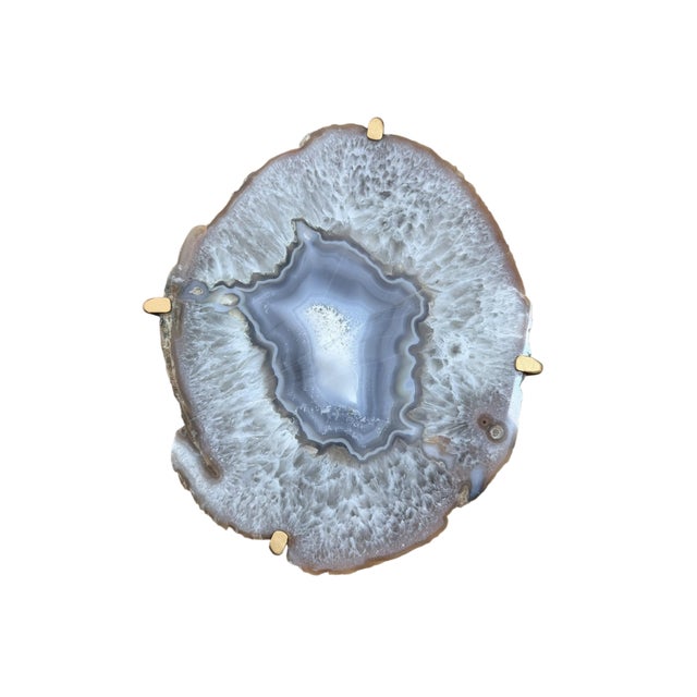 Unusual Modern Handcrafted Drinks Table. Oval Quartz Geode with Blue Gray Center on gilded steel base.