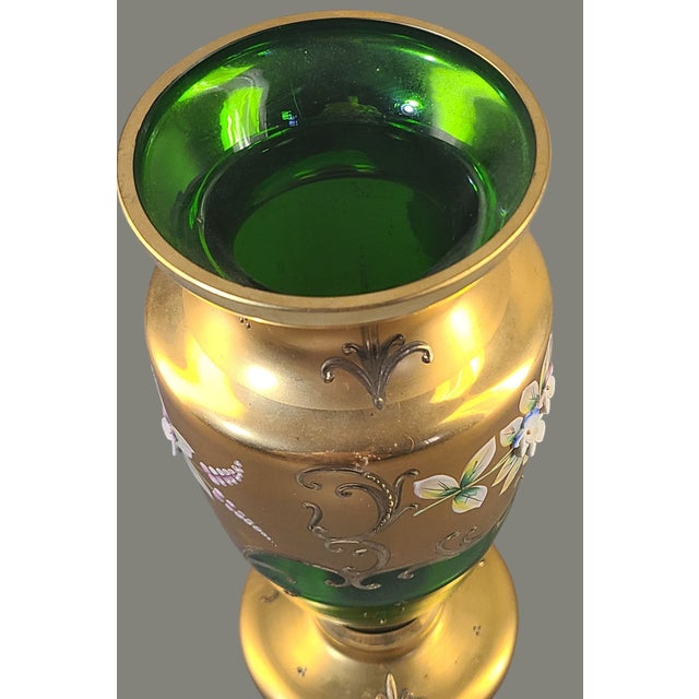 Glass Vintage Bohemian Heavily Gilded High Enamel Floral Green Crystal Art Glass Vase For Sale - Image 7 of 11