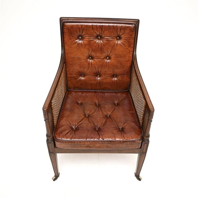 Wood Antique Edwardian Leather and Cane Armchair, 1900 For Sale - Image 7 of 11