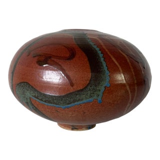 Vintage Handmade Brown Glazed Studio Pottery Vase With Abstract Drip Design – Signed For Sale
