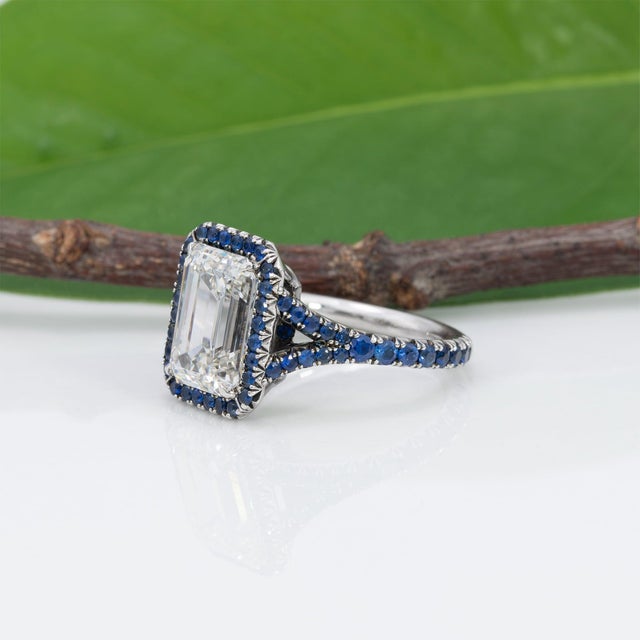 3.65ct Lab Grown Diamond Estate Ring With Blue Sapphire Accents: Platinum, Size 4.5 For Sale In Columbus - Image 6 of 10
