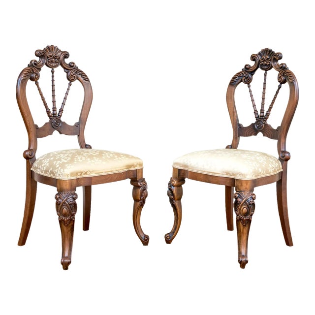 Late 20th Century Vintage Upholstered Carved Hall Chairs—A Pair For Sale