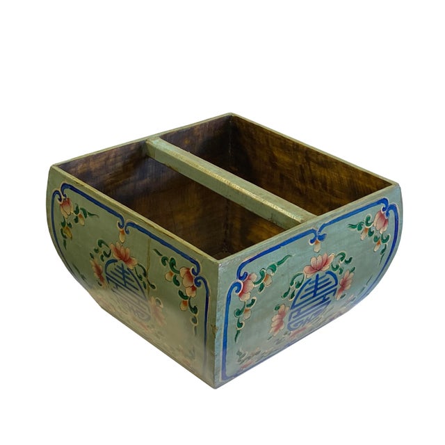 This is an oriental square shape bucket in a vintage rustic gray-blue #6F8881 lacquer finish with colorful graphics....