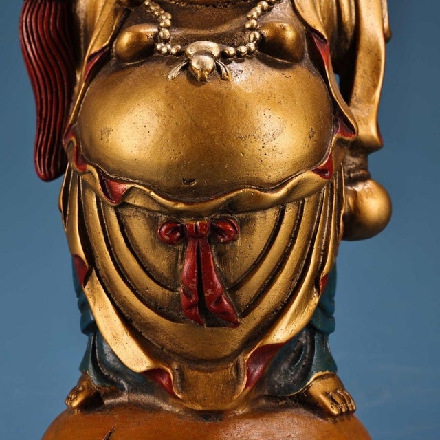 Late 20th Century Vintage Gilt Bronze Standing Maitreya Buddha Holding Gold Ingot For Sale - Image 5 of 9