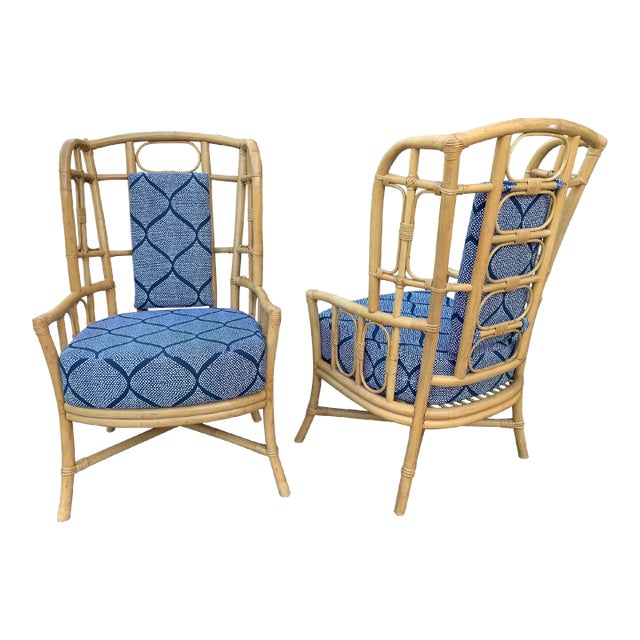 Vintage Boho Chic Bamboo Wingback Armchairs - a Pair For Sale