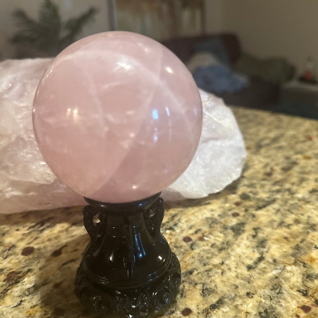 Polished Rose Quartz Crystal Sphere on Carved Pedestal Stand For Sale - Image 4 of 4