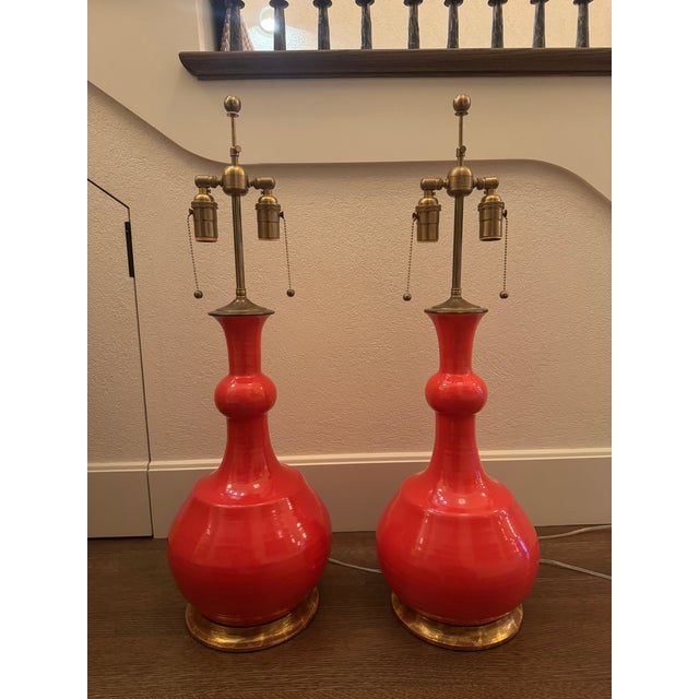 Christopher Spitzmiller, Inc Pair of Christopher Spitzmiller, Inc. Red Orange Table Lamps For Sale - Image 4 of 4