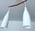 Mid century danish modern pendant light featuring a v shaped teak wood suspension and 3 opaline glass shades very good...