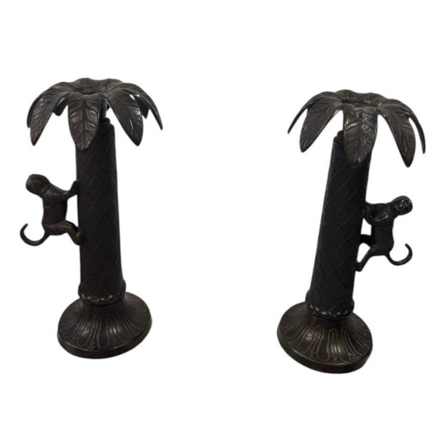 Pair of Vintage Cast Metal Palm Tree & Climbing Monkey Candlesticks For Sale - Image 4 of 12