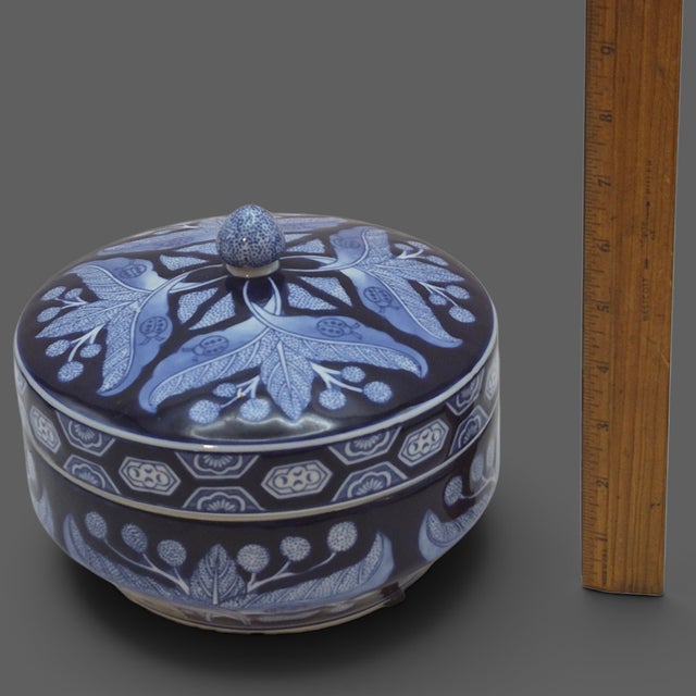 Decorative Chris Madden Ladybugs Blue & White Leaf Floral Lidded Porcelain Jar For Sale - Image 4 of 8