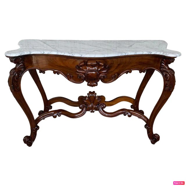 1900s French Regency Carved Walnut Console Table With White Marble Top For Sale - Image 13 of 13