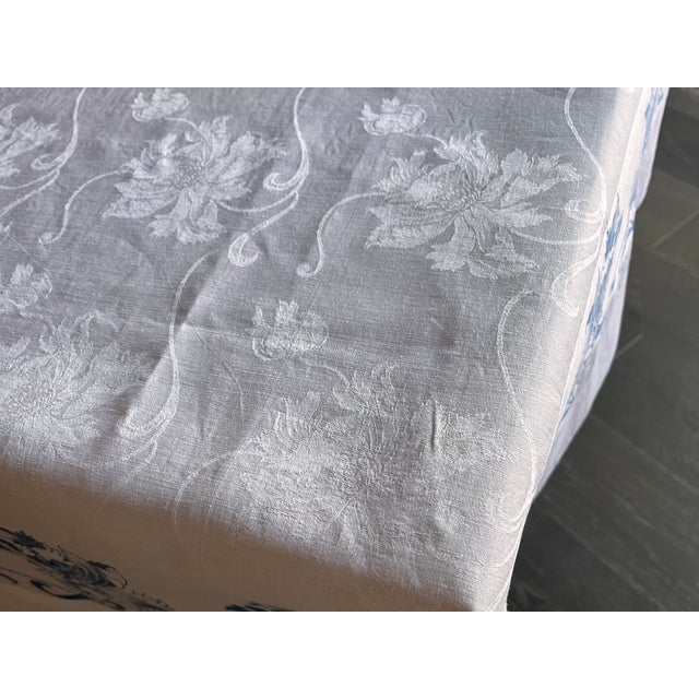 Textile Vintage Blue and White Damask Tablecloth For Sale - Image 7 of 11