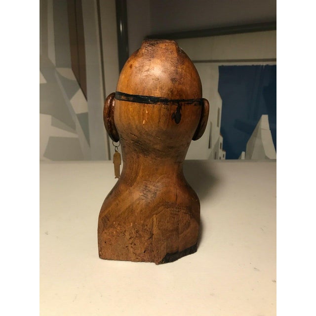 Rare Vintage Hand Carved Wooden Bust of a Native American Tribal Man 7.5" For Sale - Image 4 of 6