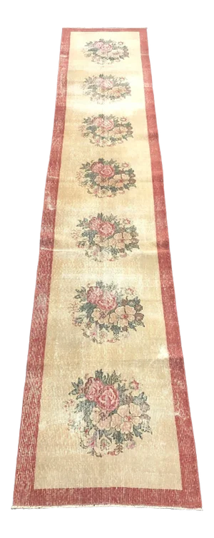 Vintage Boho Turkish Handmade Floral Beige and Red Runner Rug