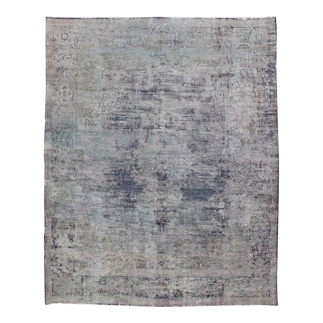 Distressed Vintage Persian Rug With Abstract Design in Blue, Green & Gray & White For Sale