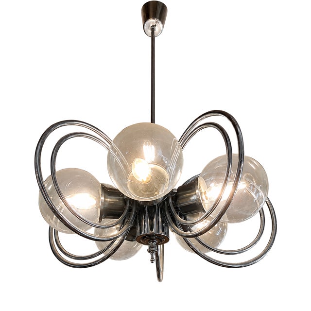 Vintage Space Age Chrome and Glass Pendant Light, 1970s For Sale