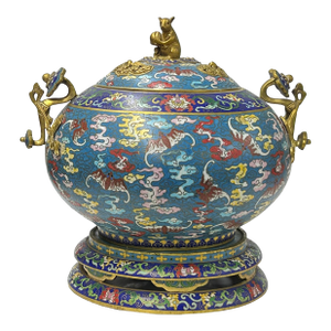 Vintage Enamel Metal Bats Ru Yi Fortune Ding Shape Incense Burner Display Art