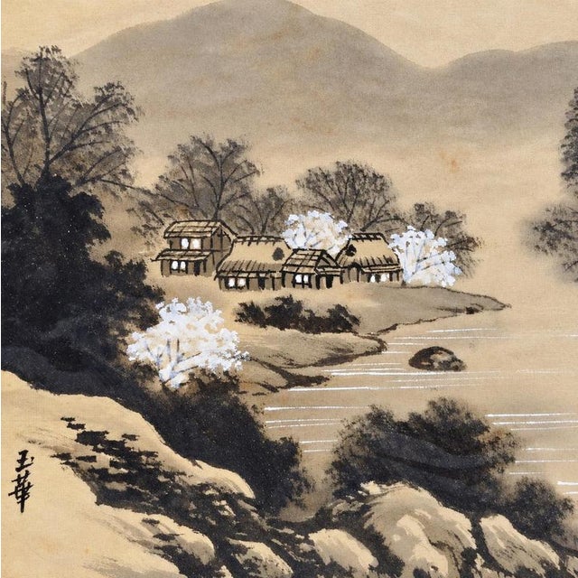 Gyokuka / Yuhua, Oriental Landscape with River, Fisherman and Village, Painting on Fabric, Framed For Sale - Image 3 of 7