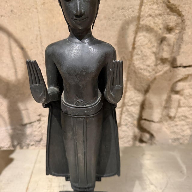 Bronze Antique Thai/Khmer-Style Bronze Standing Buddha Table Lamps Hollywood Regency For Sale - Image 8 of 18