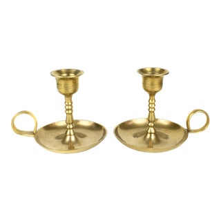 Mid 20th Century Solid Brass Chamber Candlestick Candle Holders With Handles - a Pair For Sale