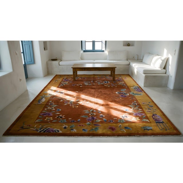 1920s Orange Pumpkin Floral Antique Chinese Art Deco Carpet 9' X 11' 6" Knotted Wool Rug For Sale - Image 14 of 15