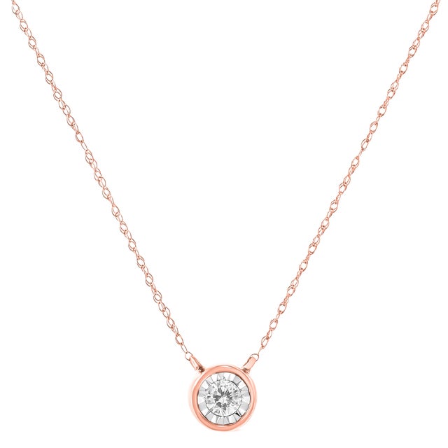 Contemporary 10K Rose Gold 1/5 Cttw Round Brilliant-Cut Diamond Modern Bezel-Set Solitaire Pendant Necklace (J-K Color, I2-I3 Clarity) - 16" with 2" Extender For Sale - Image 3 of 5