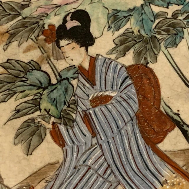 Japanese Antique Satsuma Charger: Meiji Period Japanese Porcelain, Floral Garden Scene For Sale - Image 3 of 10