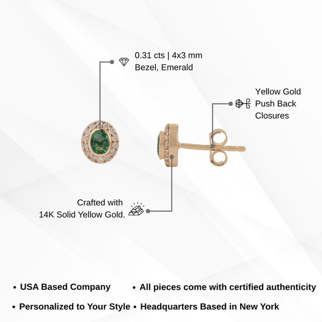 14k Gold Everyday Oval Natural Emerald Diamond Halo Stud Earrings- A Pair For Sale - Image 12 of 16