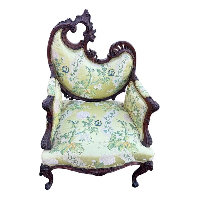 19th Century Carved Rococo Revival Bergere Armchair With Ram's Head Knees, Louis XV For Sale