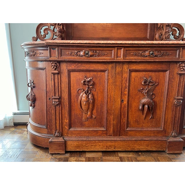Early 20th Century Victorian Carved Oak Sideboard Buffet Cabinet With Marble Top For Sale In New York - Image 6 of 10