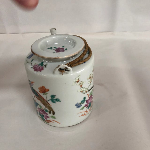 Mid 1800s Lidded Chinese Teapot. Hand painted Famille Rose Family. Mythological Birds & Floral. Thread Wrapped Double Handle.