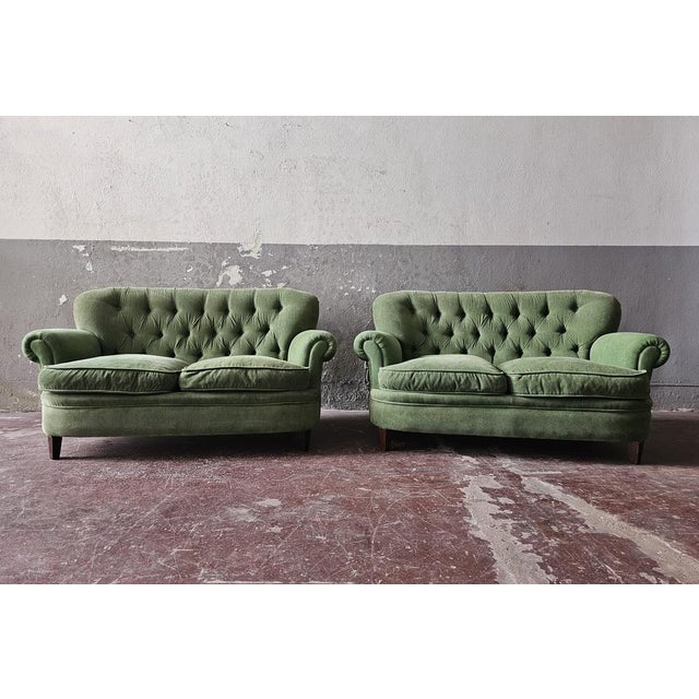 Vintage Chesterfield Style Sofas in Green Fabric, Set of 2 For Sale - Image 15 of 15