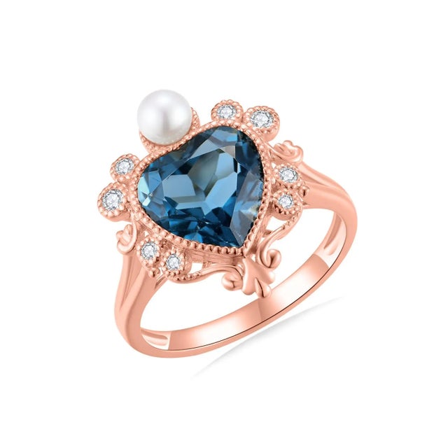 Kai "On My Heart" London Blue Topaz Diamond Pearl Cocktail Ring, size 4 For Sale - Image 9 of 12