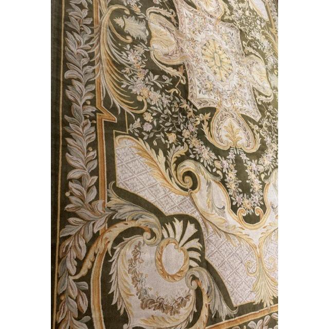 Green Contemporay Luxury Green Field Medallion Antique European Savonnerie Gallery Rug For Sale - Image 8 of 8