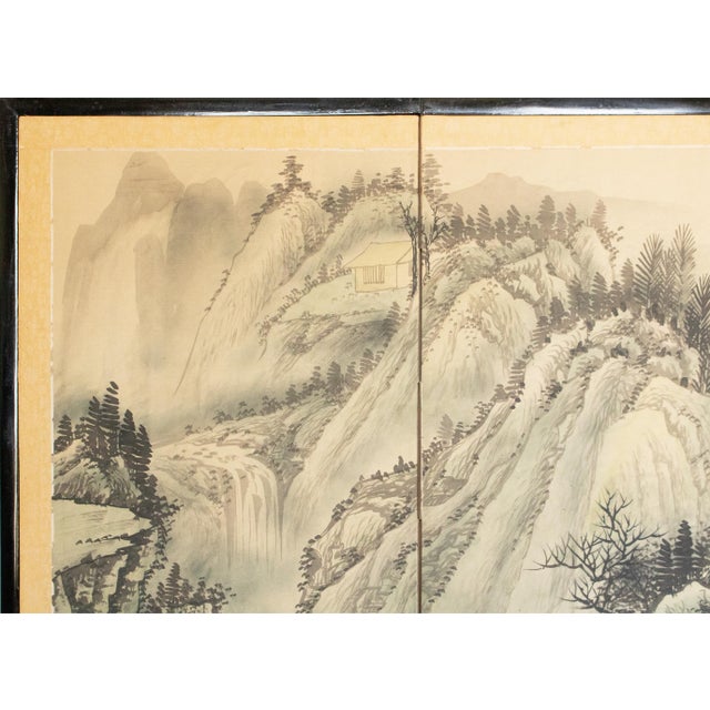1970s Ming Style Monochrome Silk Screen "Mountain Landscape With River" For Sale - Image 4 of 18