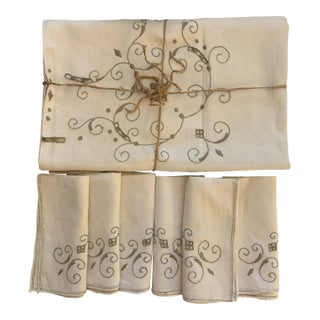 Vintage Openwork White Ecru Italian Embroidered Linen Tablecloth and 6 Napkins- 7 Pieces For Sale