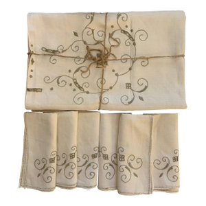Vintage Openwork White Ecru Italian Embroidered Linen Tablecloth and 6 Napkins- 7 Pieces