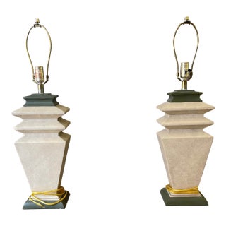 1980s Postmodern Tiered Geometric Plaster Table Lamps W/ Coolie Shades - a Pair For Sale