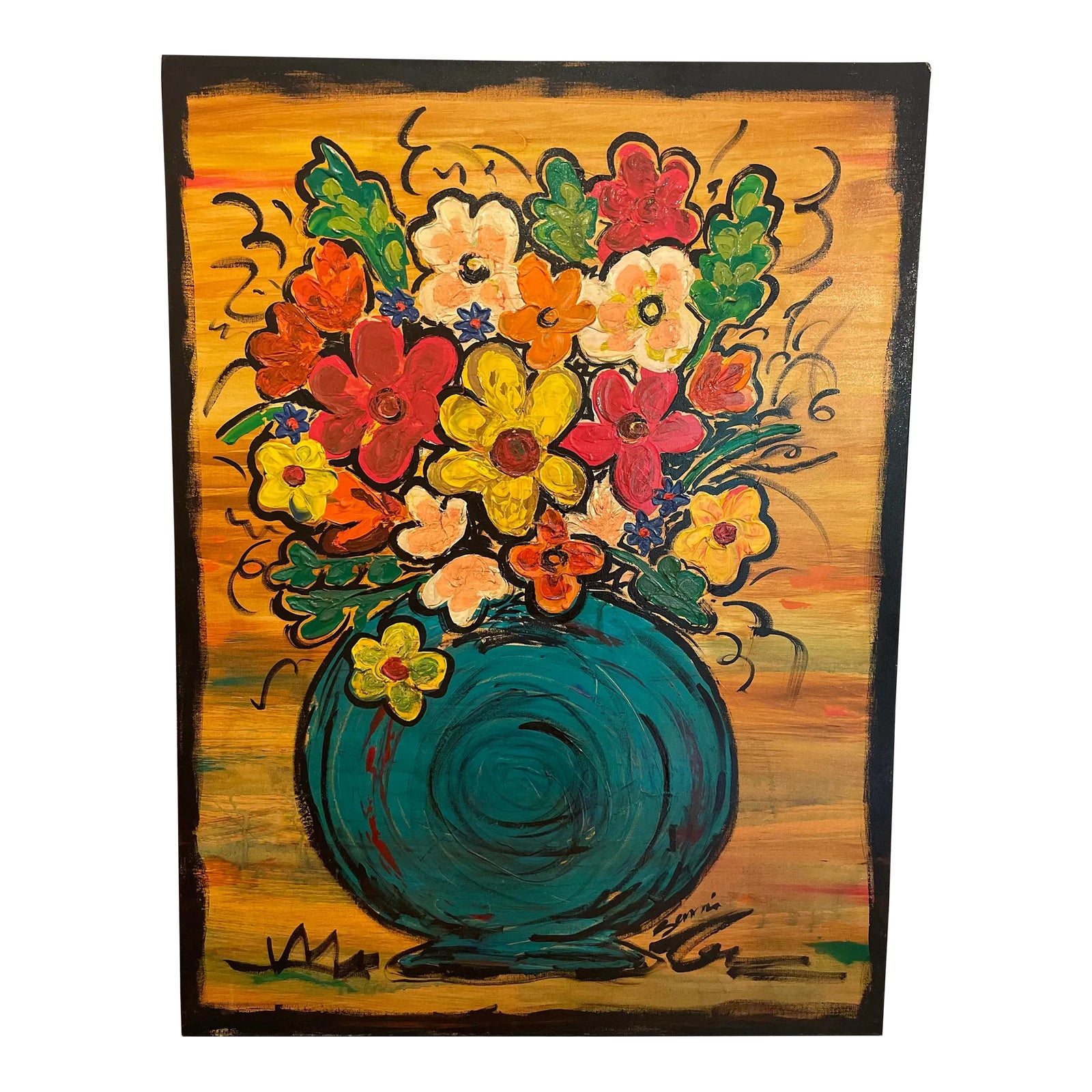 Large Original Signed Oil Painting of a Bouquet of Flowers in a Vase ...