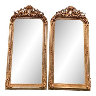 Late 20c French Louis XVI Gold Wood Floor Mirrors Pair For Sale