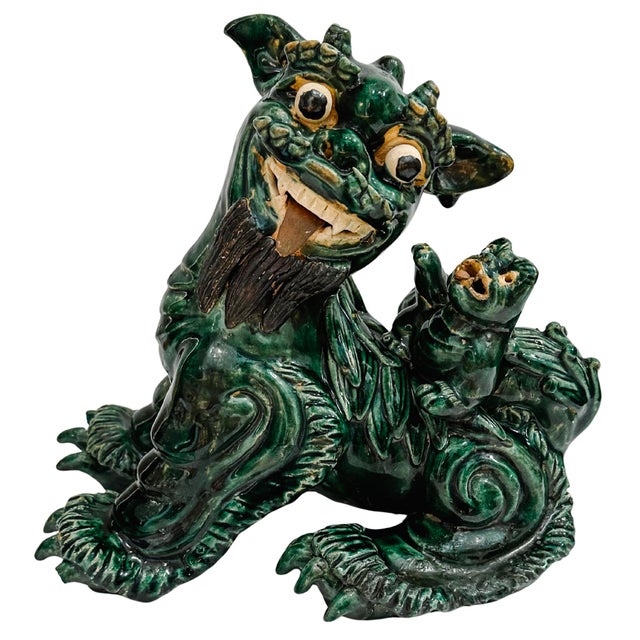 Green Large Vintage Chinese Green Glazed Pottery Kylin Chinese Dragons - a Pair For Sale - Image 8 of 17