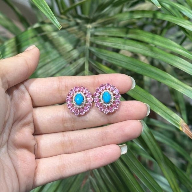 Contemporary 6.32ct Cabochon Turquoise Pink Sapphire & Diamond Floral Stud Earrings 14k Gold- A Pair For Sale - Image 3 of 13