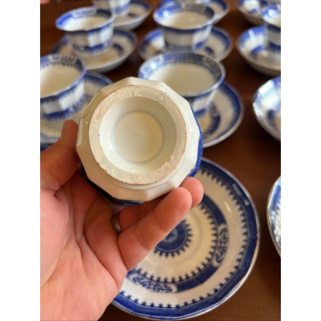 Ceramic Mid 19th Century 12 Antique Blue Transfer Decorated Cup & Saucers, "Dagger Border" by J. Wedgwood For Sale - Image 7 of 12