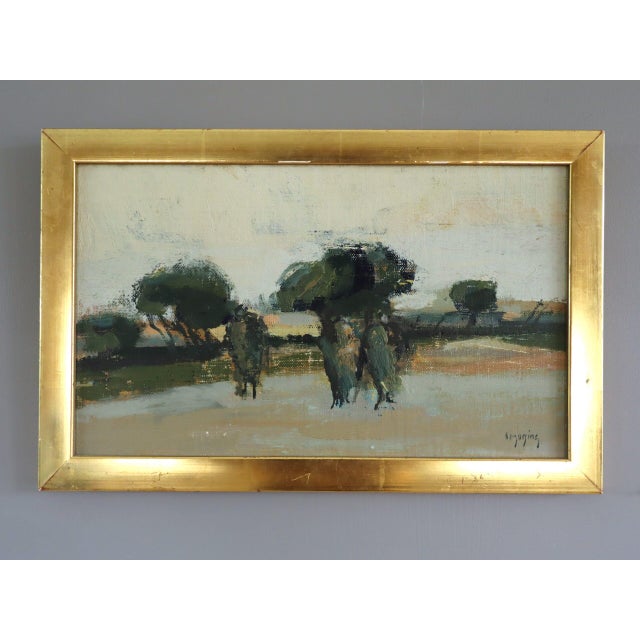 GROVE IN REPOSE Size: 8.3 x 13 inches (including frame) Oil on canvas A compelling abstract landscape with figures...