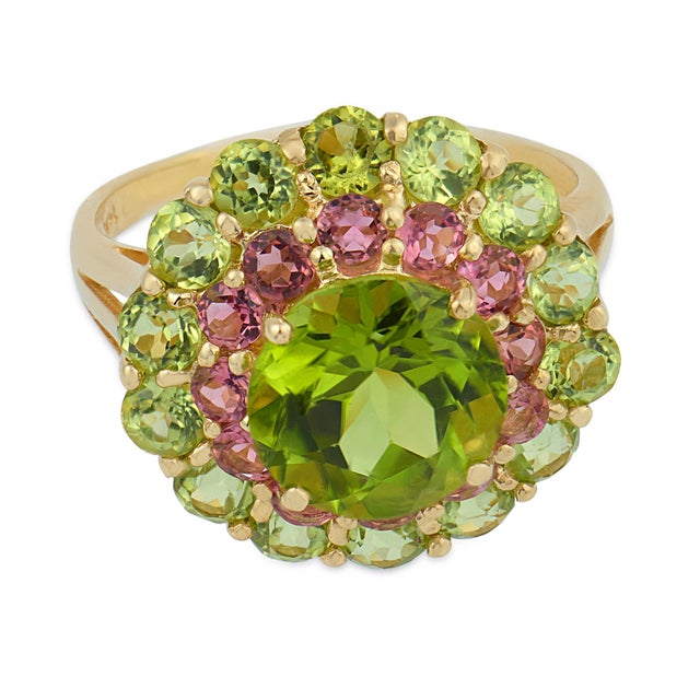 Contemporary Vintage Peridot Tourmaline 14k Yellow Gold Double Halo Ring, Size 7 For Sale - Image 3 of 6