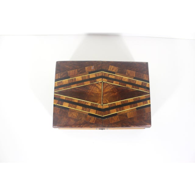 Early 20th Century Antique Wood Inlay Box, Hinged Lid Exotic Wood, Brown Inlaid Trinket, Jewelry For Sale - Image 5 of 12