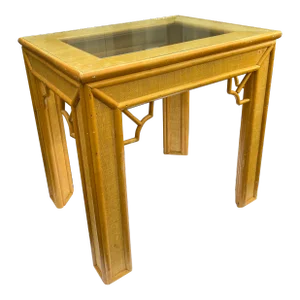 Bamboo and Grasscloth Covered Glass Top Side Table